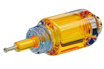 Close up of a glass vial filled with yellow liquid on transparent background