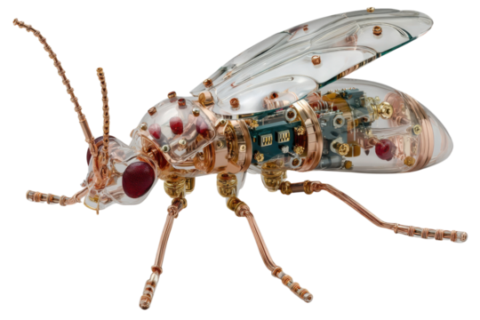 Intricate steampunk insect sculpture with transparent body and copper mechanical parts on transparent background