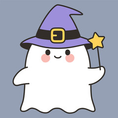 Cute Cartoon Witch Ghost with Hat and Magic Wand Halloween Kawaii hand drawn style