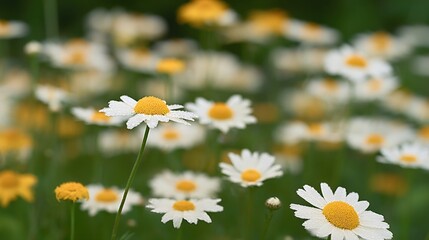 Fototapeta premium Blooming Daisies in a Meadow: A Serene Floral Landscape with White Petals and Yellow Centers
