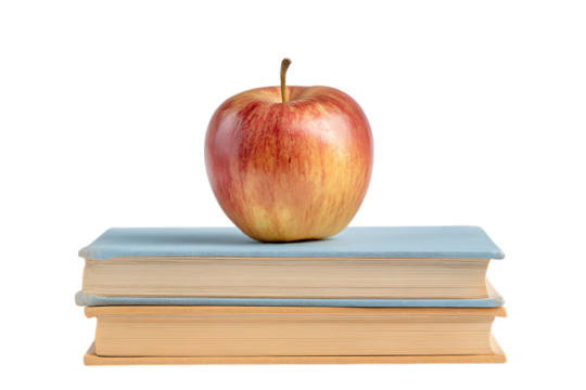 Red apple atop a stack of books.  Education, knowledge, learning symbol.