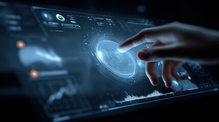 Human Finger Interacts with Advanced Technology Screen Displaying Complex Data and Futuristic Interface Elements