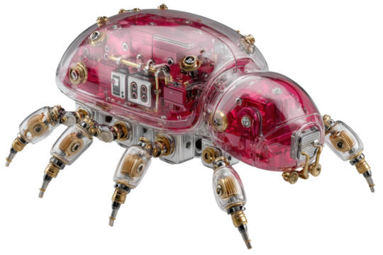 Detailed steampunk beetle model with transparent body showcasing intricate mechanics on transparent background