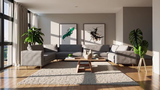 This video presents a bright, modern living room with large windows, stylish grey sofas, lush green plants, and elegant d&eacute;cor. Sunlight fills the space, creating a cozy and inviting home atmosphere.