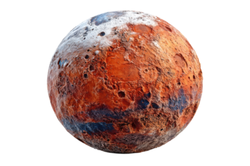 Detailed mars planet surface with craters and polar ice caps against black space on transparent background