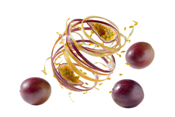 Abstract grape swirl with three whole grapes.