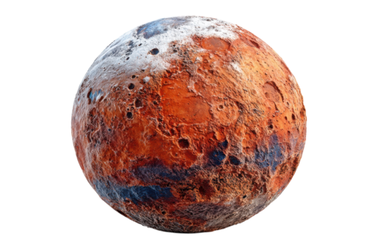 Detailed mars planet surface with craters and polar ice caps against black space on transparent background