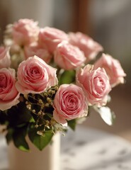 Elegant bouquet of soft pink roses in a white vase, perfect for romantic occasions and backgrounds