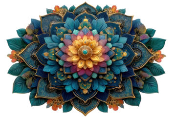 Intricate floral mandala design with vibrant colors and detailed gold accents art on transparent background