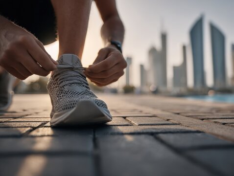 Man Tying Shoelaces Before Urban Run: Focus on Athletic Preparation and Cityscape