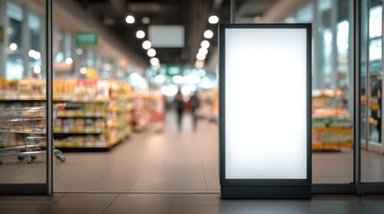 Blank Advertising Billboard in Supermarket Entrance with Blurred Background and Copy Space for Marketing