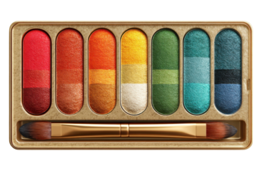 Colorful eyeshadow palette with brush for beauty and makeup applications shown on transparent background