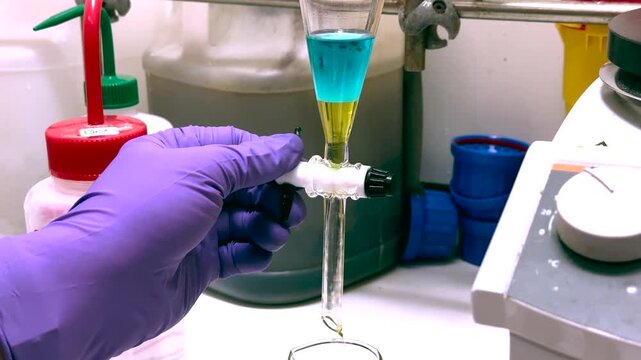 Separation of organic layer and water layer in separating funnel in a chemistry lab for education purpose. Effervescent of carbon dioxide bubble in organic layer. 4K scientific background concept.