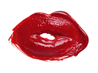 Close-up of a vibrant red lipstick smear, shaped like lips