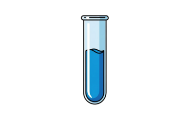 A single test tube filled with blue liquid against a solid black background in a lab setting