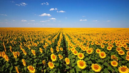 Vast sunflower field stretches under a vibrant blue sky