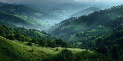 Fototapeta premium Lush Green Forest Covering Rolling Hills with Mist in the Early Morning Light Creating a Serene Nature Landscape
