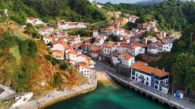 Cudillero fishing village in Asturias drone view, rocky coastline in northern Spain, tourist destination in Asturias, Spain