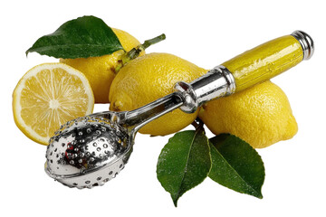 Fresh lemons with leaves and a lemon reamer vibrant citrus on transparent background