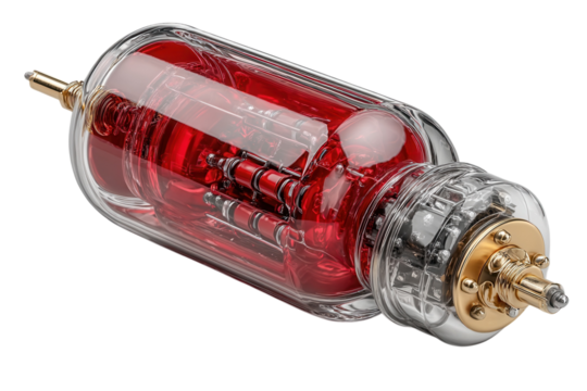 Intricate steampunk device with red liquid and glass casing on transparent background