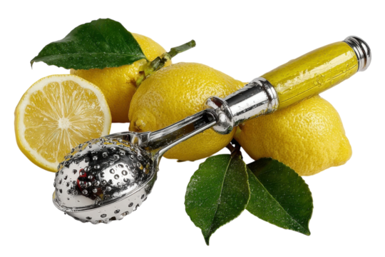 Fresh lemons with leaves and a lemon reamer vibrant citrus on transparent background