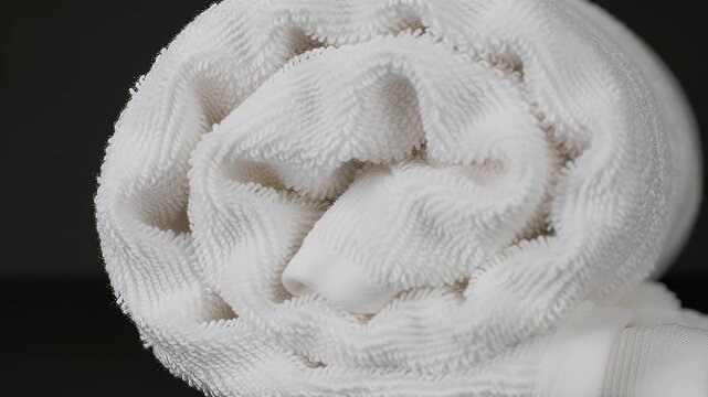 Close Up of Soft Rolled White Cotton Towel with Fluffy Texture in High Key Lighting on Dark Background