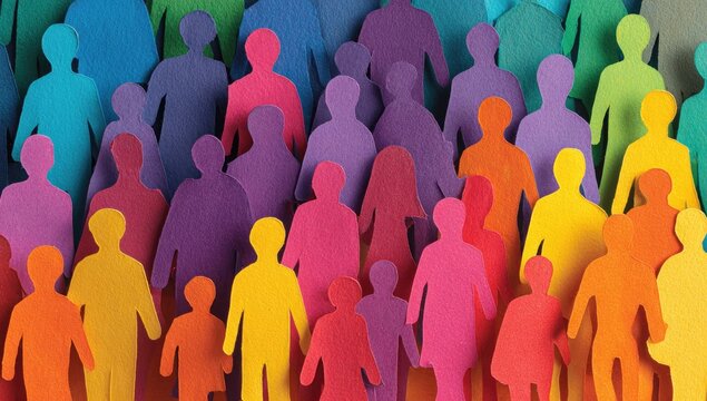 Colorful paper people figures forming a diverse crowd