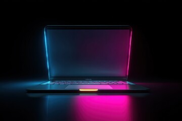 Fototapeta na wymiar Sleek Laptop Display with Neon Lighting Accents for Modern Technology and Creative Computing Solutions