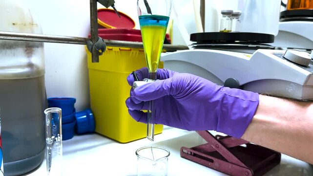 Separation of organic layer and water layer in separating funnel in a chemistry lab for education purpose. Effervescent of carbon dioxide bubble in organic layer. 4K scientific background concept.