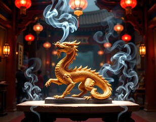 Fototapeta premium An impressive display of a golden dragon statue in what appears to be an oriental setting with traditional red lanterns overhead.
