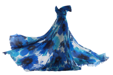Stunning blue floral print gown, flowing design, fashion, elegance.