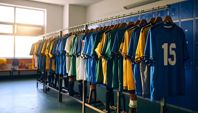Colorful soccer jerseys hang in a locker room