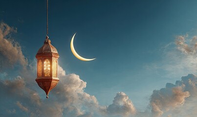 Obraz premium Illuminated lantern hangs against a crescent moon and cloudy twilight sky