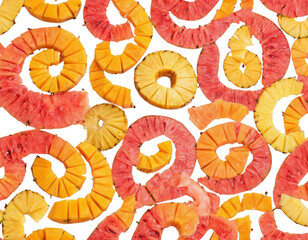Mango, guava, and pineapple rings arranged in spiral pattern, isolated on white background, tropical creative fruit design.