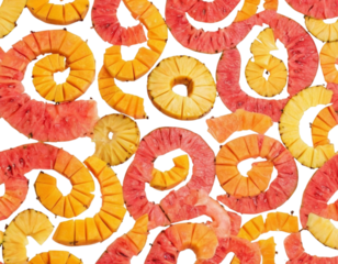 Mango, guava, and pineapple rings arranged in spiral pattern, isolated on white background, tropical creative fruit design.