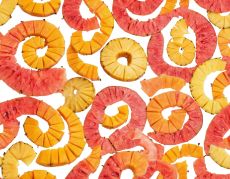 Mango, guava, and pineapple rings arranged in spiral pattern, isolated on white background, tropical creative fruit design.