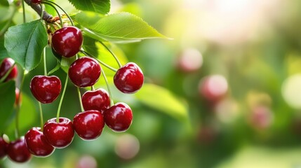 Vibrant red cherries hang from lush green branches, glistening in the sunlight