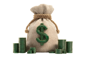 A burlap sack of money with dollar sign and stacks of coins.