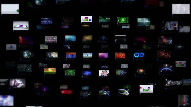Large Digital Collage Of Screens Displaying Global Communication, Stock Markets, And Scientific Visualization, Representing The Complexity Of Modern Technology And Information