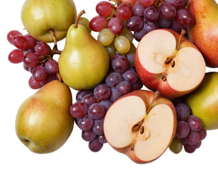 Apple slices, pears, and grapes arranged in elegant overlapping layers, isolated on white background, autumn fruit harmony.