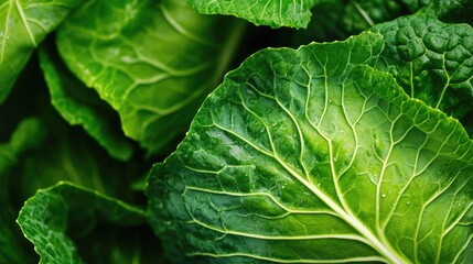 Close-up view of fresh, vibrant green lettuce leaves, showcasing intricate textures and rich colors. Perfect for healthy eating concepts, salads, or natural food presentations.