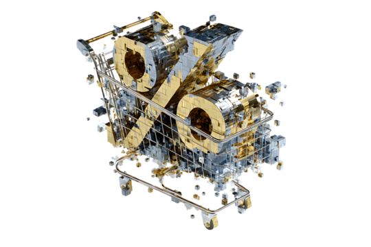 3D rendering of a gold percentage symbol in a shopping cart, representing discounts and sales.