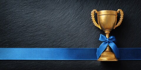 Gold trophy with blue ribbon on dark background (4)