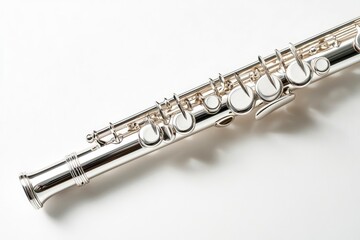 Fototapeta premium A close-up shot of a silver flute highlighting its intricate keys and shiny surface, perfect for music lovers, musicians, or educational materials about musical instruments.