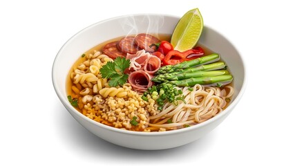 Hearty Asian Noodle Soup with Vegetables and Protein.