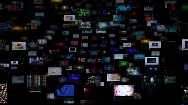 Mosaic Of Digital Screens Featuring A Variety Of Content Ranging From Science To Technology, Symbolizing The Overload Of Modern Information And Global Connectivity
