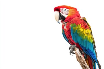 Fototapeta premium A vibrant and colorful macaw perched gracefully, showcasing its stunning feather patterns and bright hues against a clean white background, perfect for nature and wildlife enthusia