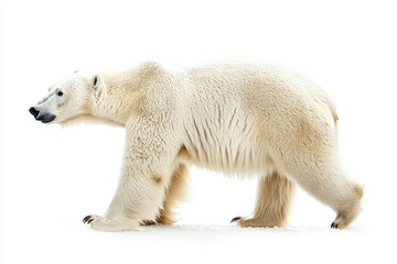 A majestic polar bear gracefully walking across a white background, showcasing its thick, white fur and strong physique