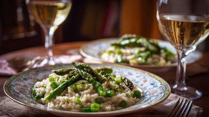 Creamy asparagus risotto dances on a porcelain stage celebrating Arbor Day eleance and the solstice of sringtime abundance