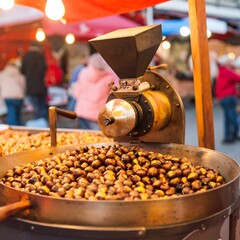 Roasted chestnuts being dispensed from a vintage-style street food machine, showcasing warm autumnal tones and a bustling market atmosphere.